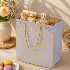 Lavender Gift Bag with Gold Daisy Pattern and Twisted Rope Handle for Wedding Favors and Cosmetics