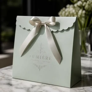 Luxury Custom Mint Green Paper Gift Bag Premium Catering Packaging with Scalloped Edge and Silk Ribbon