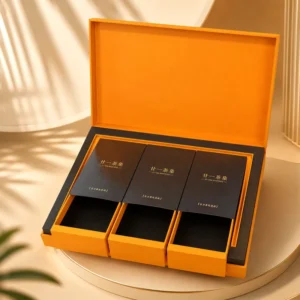 Luxe Aangepaste Oranje Rigid Papieren Thee Verpakkingsgeschenkdoos met Uittrekbare Lades, Logo Bedrukking, OEM