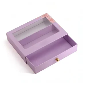 Luxury Purple Floral Rigid Drawer Box with Clear Window and Gold Knob for Preserved Rose Jewelry