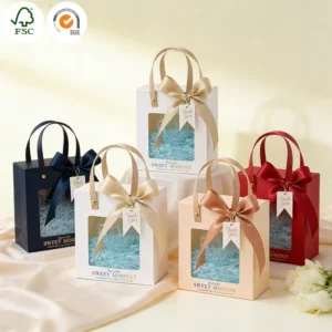 Luxury White Paper Gift Bags Magnetic Closure Die Cut Handles Ribbon Lamination Digital Reusable Recyclable Weddings