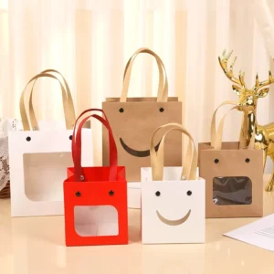 Manufacturer In-stock Eco-friendly Kraft Paper Bag Square Visible Window Portable Bag Multi-size for Gift Packaging
