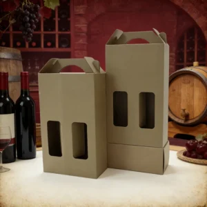 Manufacturer Kraft Corrugated Wine Carrier Box with Window, Handle, Inserts and Custom Logo for Two Bottles