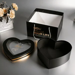 Matte Black Heart-Shaped Flower Gift Box with Clear Window, Four-Color Printed Custom Logo, Rigid Cardboard