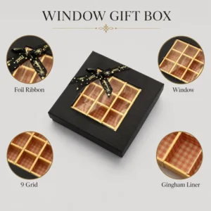 Matte Black Window Gift Paper Box 16-Grid Liner Gold Foil Ribbon Chocolate Bow OEM Private Label
