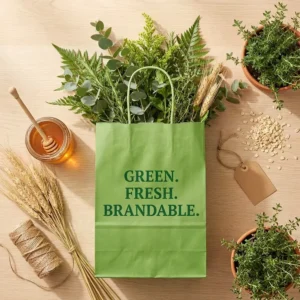 Medium Kraft Paper Gift Sacks with Grips Green Recyclable Mater Offset Prin Custom Logo for Craft Art Shop Bag Paper Kraft Bag