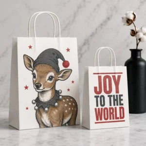 Mid-Weight Uncoated White Kraft Recycled Christmas Themed Carry Bags