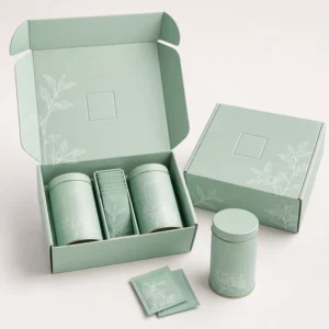Mint Green Corrugated Mailer for Tea Tins and Sachets with Secure Closure, Embossing, and Matte Lamination