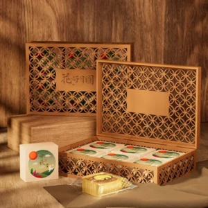 Kemasan Hadiah Kue Bulan Ukuran Kustom Kotak Kue Bulan Kayu Berlubang