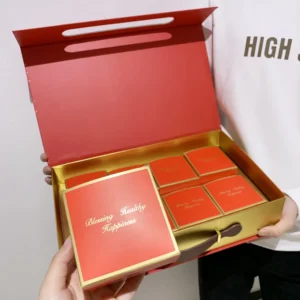 Mooncake Gift Box with Custom Printing, Gold Foil, 8-Grid Magnetic Cardboard Packaging for Mid-Autumn Festival
