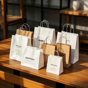 Multi-Size Kraft Paper Gift Shopping Bags with Handles, White/Brown, ISO 14001 Certified, Custom Logo