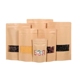Natural Brown Kraft Paper Stand-Up Pouches with Window, Resealable, for Food Packaging