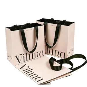 Nude Coated Paper Bag for Boutique Clothing and Gifts with Satin Ribbon Handles and Custom Logo