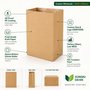 Oil Proof Square Bottom Paper Bags with Thickened Food Grade Laminated Kraft Paper for Fast Food, Baking, and Snacks
