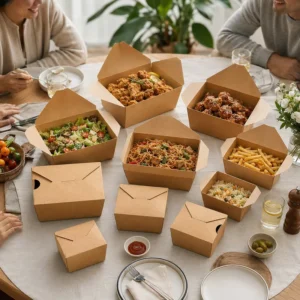 Oliebestendige milieuvriendelijke kraftpapier afhaaldozen met of zonder ventilatie voor gefrituurde kip, taart, suiker, salade en rijst