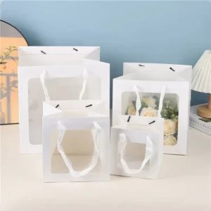 Open-Window Square White Gift Bags with Long Handles and Offset-Printed Flower Design for Clothing and Flowers