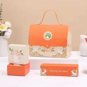 Orange Paper Mooncake Gift Box With Handle for Mid-Autumn Festival