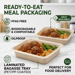 PFAS-Free Compartment Rectangular Laminated Leakproof Sugarcane Bagasse Food Tray for Meat