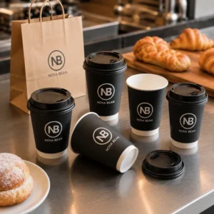 Paper Coffee Cups Double Wall With Lids and Sleeve Custom Printed Hot Drink Cafe Takeaway