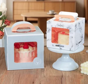 Paper Folding Cake Box with Clear Window, Handle, and Insert Card