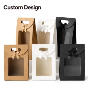 Paper Gift Bag with Clear Window, Handle and Ribbon, Custom Logo, Flower and Gift Packaging, OEM Factory Manufacturer
