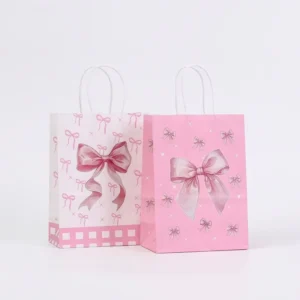 Pink Bow Kraft Paper Handbags with Handles Bow Printed for Birthday Father’s Day Gifts