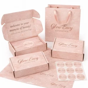 Pink Custom Mailer Corrugated Shipping Boxes and Luxury Gift Box and Bag Sets for Cosmetics and Small Business