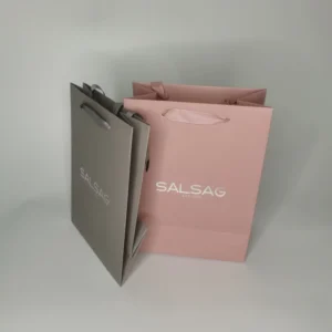 Pink Recyclable Paperboard Shopping Bag with Patch Handle and Custom Logo for Clothing Boutiques