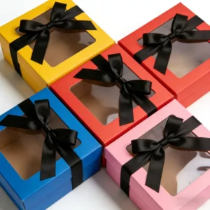 Pink Recycled Materials Gift Box with Clear Window Lid Webbing Bow Decoration Sponge Lining Customizable Square Shape