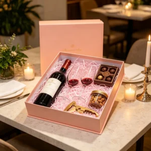 Pink Wine Gift Box With Red Wine Glasses Chocolates Almond Jar Corkscrew Lit Candles Marble Packaging Present Set