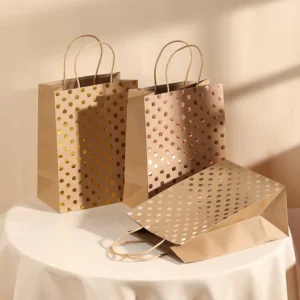 Polka Dot Gold Silver Printed White Cardboard Recyclable Luxury Shopping Gift Bags Handles Ribbon Custom Logo Clothing Packaging