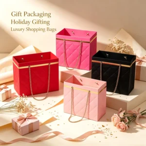 Premium Chain Strap Embossed Interlocking Custom logo Gift Bags Flower Gift Packaging Paper Bag Length Handle Plaid Design