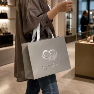 Premium Paper Gift Bags Custom Logo Ribbon Handle Shopping Bag with Silver Stamping logo for Jewelry Cosmetics HONPAK