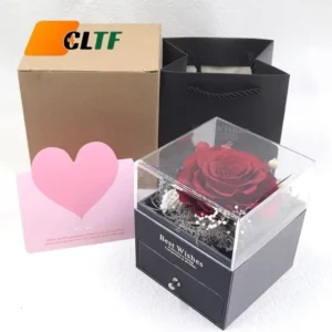 Preserved Rose Jewelry Box with Acrylic Cover, Velvet Drawer, Necklace and Ring Gift Box Set
