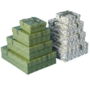 Printed Gift Boxes with Lids, Ribbon Bow, Rectangular Stackable Packaging Set for Holiday, Birthday, and Wedding Gifts