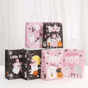 Printed Kraft Paper Halloween Candy and Snack Gift Packaging Bag With White Twisted Handle, Black or Pink