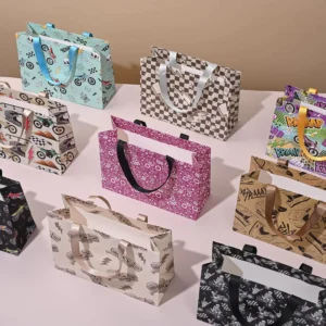 Printed Recyclable Paper Shopping Bags with Ribbon Rope