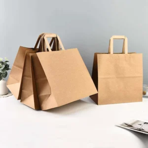 Quick Service Fast Food Catering Takeout Extra Standard Internal Reinforced Flat Handle Sturdy Base Recyclable UV Paper Bag