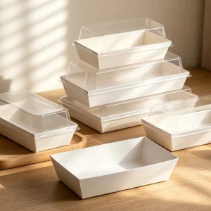 Rectangular White Biodegradable Kraft Paper Bakery Food Container with Clear PET Lid