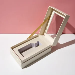 Recyclable Art Paper Folding Box for Coconut Perfume Display, Customized Perfume Bottle Box with Transparent Window and Ribbon