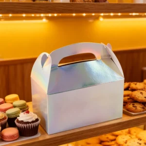 Recyclable Cake Handle Box Dessert Macaron Folding Takeaway Shiny Gable Packaging Gift Custom Laser Paper Box
