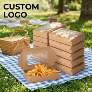 Recyclable Foldable Kraft Paper Food Box with PVC Window, Embossing, and UV Coating for Takeaway Desserts and Catering