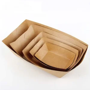 Recyclable Food Grade Greaseproof Kraft Paper Boat Shaped Food Container for Snacks Chicken and Fries