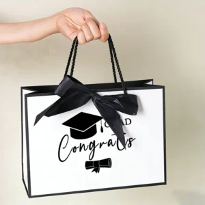Recyclable Graduation Theme Gift Bags with Letter Handles, Black and White White Card Paper