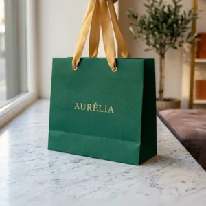 Recyclable Heavy-Duty Kraft Paper Shopping Bag with Custom Gold Foil Print and Ribbon Handles