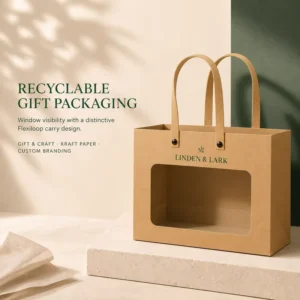 Recyclable Kraft Paper Gift Bag With Window and Flexiloop Handle, FSC-Certified, Custom Logo