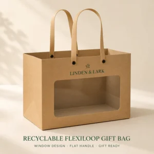 Recyclable Kraft Paper Gift Bags With Window and Flexiloop Handle, Custom Size and Logo