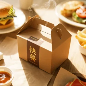 Recyclable Kraft Paper Meal Box with Handle, Foldable, Food-Grade