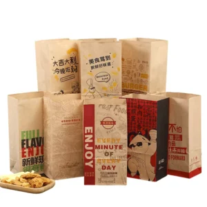 Recyclable Kraft Paper Takeaway Food Packaging Bag with Ribbon Handle and Magnetic Closure