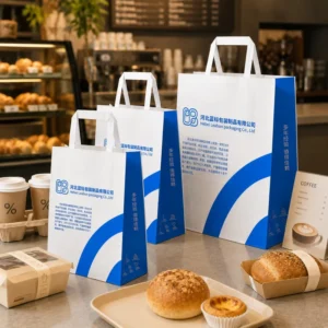 Recyclable Quick Service Fast Food Catering Takeout Extra Standard Internal Reinforced Flat Handle Sturdy Base UV Paper Bag